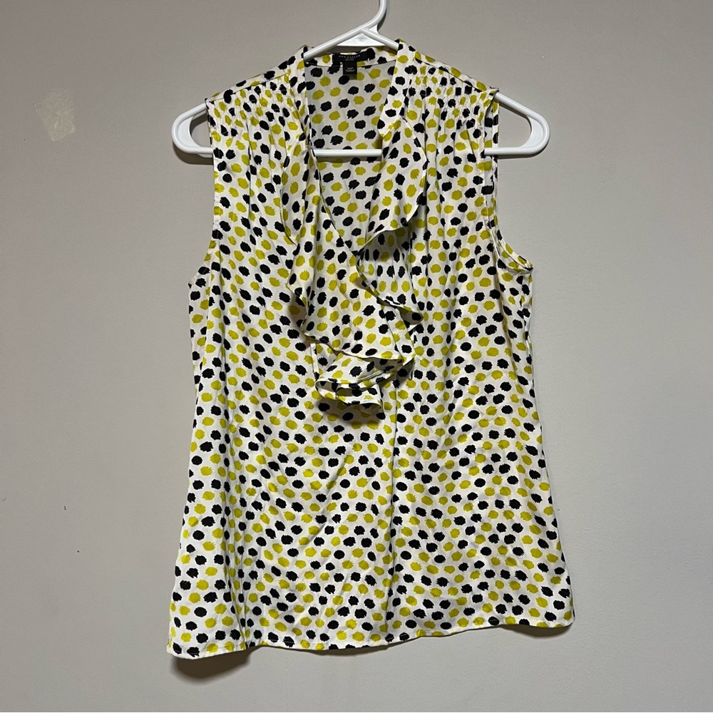 Ann Taylor Womens Sz Medium Petite Sleeveless Polka Dot Tank Blouse Ruffle Front